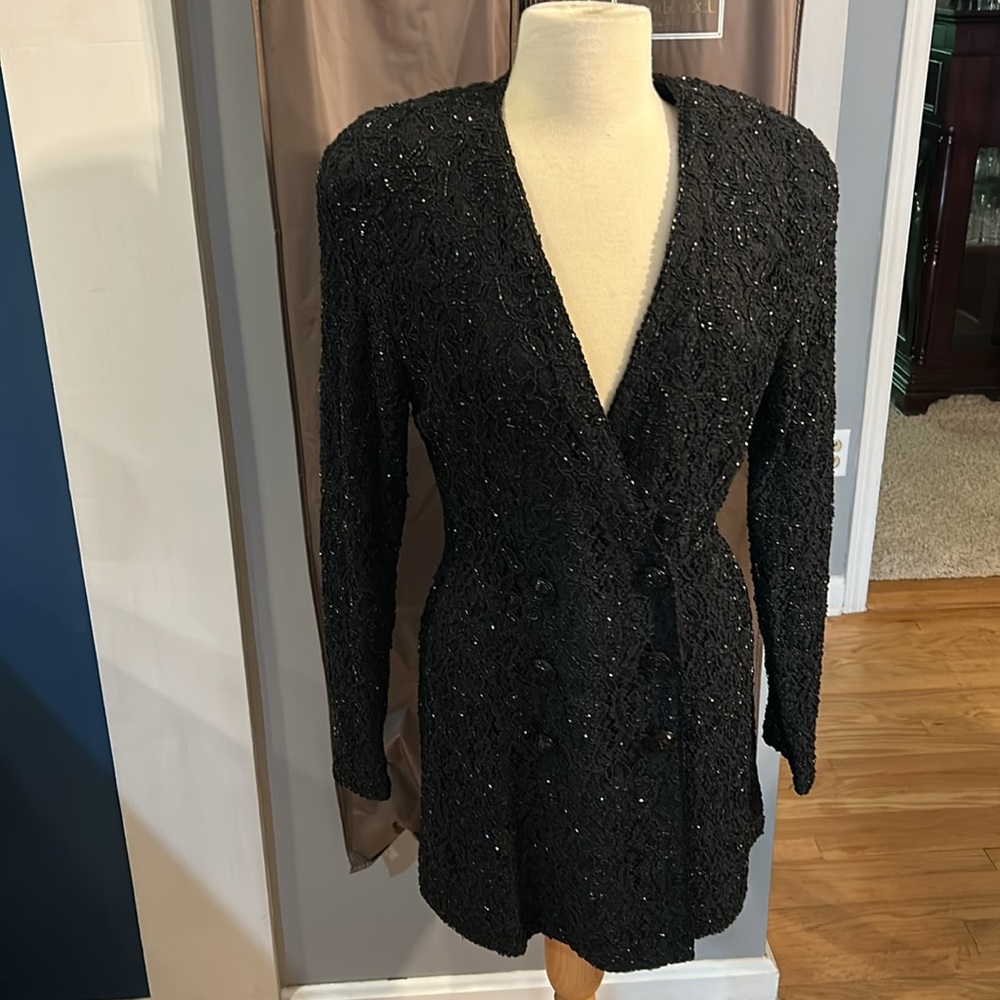 Carmen Marc Valvo for Henri Bendel gorgeous Black lace beaded evening jacket sz8 - Picture 2 of 16